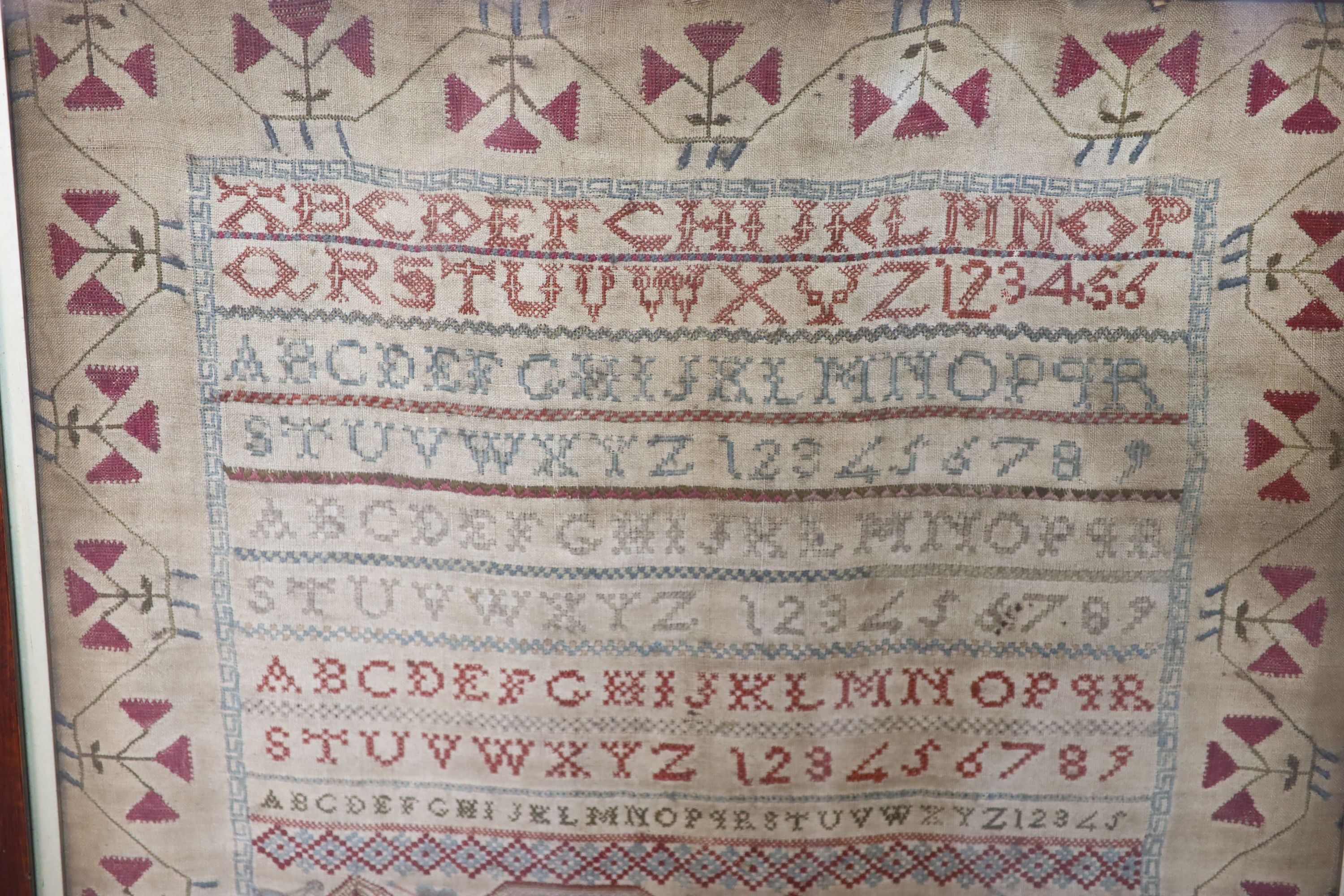 A large William IV alphabetical sampler, by Mary Ann Cox, dated 1831, 75 x 53cm